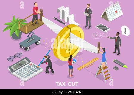 Illustrazione concettuale di vettoriale piatto isometrico 3D del taglio fiscale, che riduce il reddito imponibile. Illustrazione Vettoriale