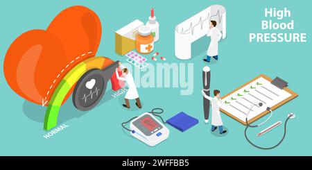 Illustrazione concettuale del vettore piatto isometrico 3D dell'alta pressione sanguigna, controllo medico. Illustrazione Vettoriale