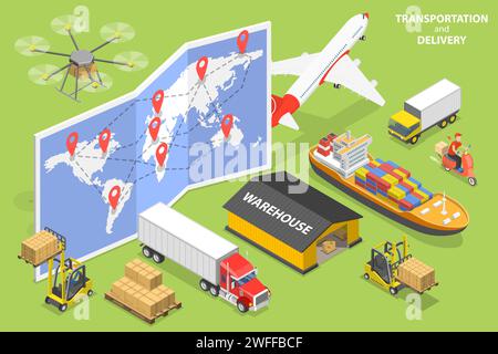 Illustrazione concettuale del vettore piatto isometrico 3D di Logistica e trasporti, consegna internazionale di merci. Illustrazione Vettoriale