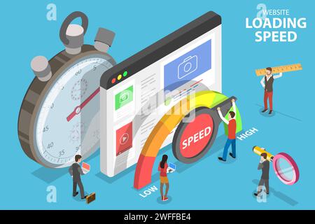 Ottimizzazione del caricamento dei siti Web, velocità delle pagine e SEO. Illustrazione concettuale del vettore piatto isometrico 3D. Illustrazione Vettoriale