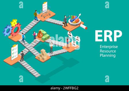 Illustrazione concettuale vettoriale piatto isometrico 3D di ERP - pianificazione delle risorse aziendali, gestione integrata dei principali processi aziendali. Illustrazione Vettoriale