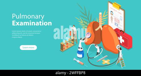 Illustrazione concettuale del vettore piatto isometrico 3D dell'esame polmonare, trattamento delle malattie del tratto respiratorio. Illustrazione Vettoriale