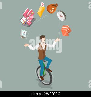 3D Isometric Flat Vector Conceptual illustrazione di un uomo d'affari multitasking di successo, strategia aziendale efficace e gestione del tempo. Illustrazione Vettoriale