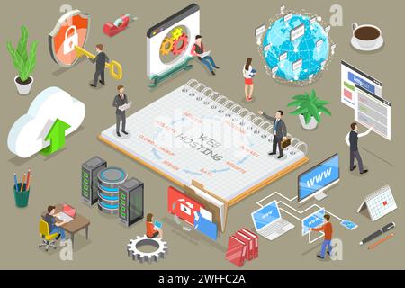 Illustrazione concettuale del vettore piatto isometrico 3D del servizio di hosting Web. Illustrazione Vettoriale