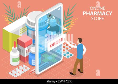 Concetto di vettore piatto isometrico 3D di Online Pharmacy Store, applicazione mobile di Medicine Ordering, acquisto di farmaci e farmaci online. Illustrazione Vettoriale