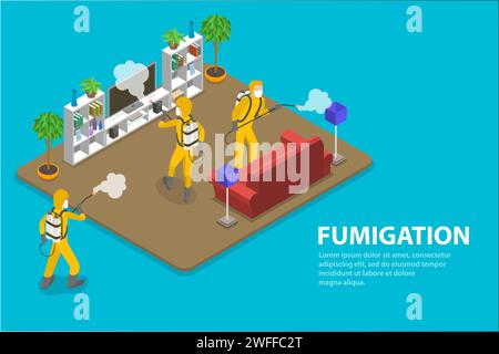 Illustrazione concettuale del vettore piatto isometrico 3D di Disinfection and Cleaning Service, Prevention Against Coronavirus COVID-19, Pest Control Services. Illustrazione Vettoriale