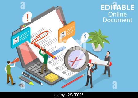 Illustrazione concettuale del vettore piatto isometrico 3D di un documento online modificabile, modifica del testo insieme. Illustrazione Vettoriale