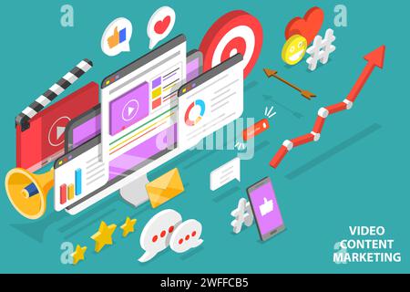 Illustrazione concettuale isometrica 3D di contenuti video campagna di marketing, pubblicità su Internet. Illustrazione Vettoriale