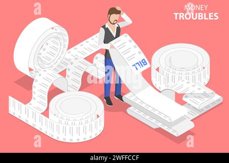 Concetto 3D Isometric Flat Vector di problemi monetari, problemi finanziari, crisi aziendale e bancarotta, bollette Upaid o debiti di prestito. Illustrazione Vettoriale