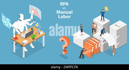 Illustrazione concettuale vettoriale piatto isometrico 3D di RPA vs manodopera manuale, automazione dei processi robotica, RPA, ai - intelligenza artificiale Illustrazione Vettoriale