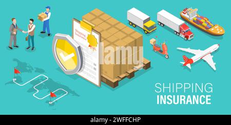 Illustrazione concettuale del vettore piatto isometrico 3D di assicurazione di spedizione, sicurezza dei trasporti e logistica. Illustrazione Vettoriale