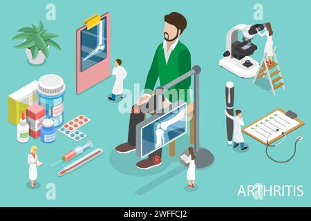 Illustrazione concettuale del vettore piatto isometrico 3D dell'artrite, trattamento del disturbo delle articolazioni. Illustrazione Vettoriale