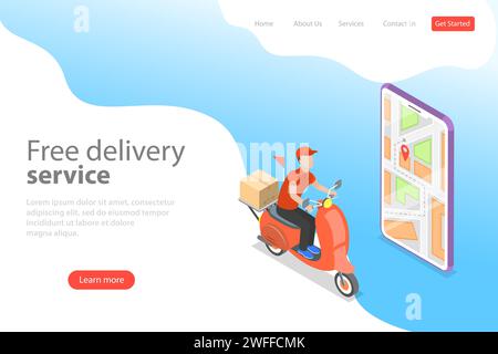 Modello isometrico di landing page vettoriale piatto per la consegna tramite scooter, servizio di corriere, spedizione merci, ordinazione online di cibo. Illustrazione Vettoriale