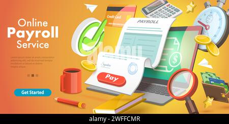 Illustrazione concettuale vettoriale isometrica 3D del pagamento di stipendi o stipendi, calendario finanziario, calcolatore spese. Illustrazione Vettoriale