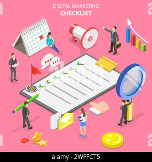 Concetto isometrico a vettore piatto di checklist di marketing, marketing digitale, campagna pubblicitaria su Internet. Illustrazione Vettoriale