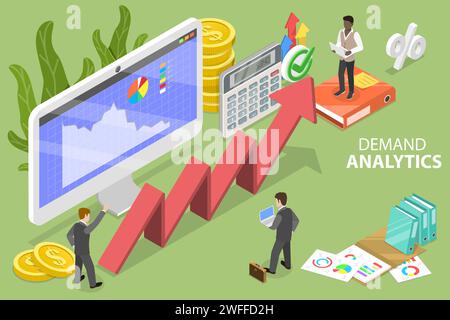 Illustrazione concettuale di vettoriali piatti isometrici 3D di analisi della domanda, pianificazione finanziaria e previsione. Illustrazione Vettoriale