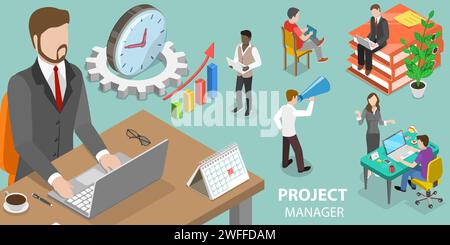 Illustrazione concettuale del vettore piatto isometrico 3D di Project Management, Leadership e Teamworking. Illustrazione Vettoriale