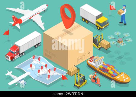 Illustrazione concettuale del vettore piatto isometrico 3D di consegna, logistica e trasporti internazionali di merci. Illustrazione Vettoriale