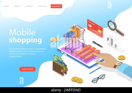 Modello di landing page vettoriale isometrico piatto per lo shopping mobile, l'e-commerce, il pagamento mobile. Illustrazione Vettoriale