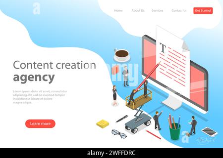 Modello di landing page vettoriale isometrico piatto per la creazione di contenuti, il copywriting, la scrittura creativa, il marketing dei contenuti. Illustrazione Vettoriale