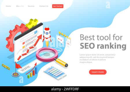 Modello di landing page vettoriale isometrico piatto dello strumento di posizionamento seo, analisi Web, marketing per l'ottimizzazione dei siti Web. Illustrazione Vettoriale