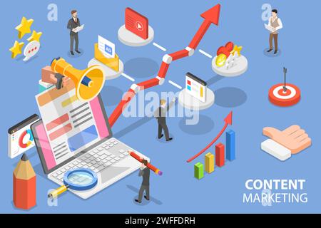 Illustrazione concettuale di vettoriali piatti isometrici 3D della campagna di marketing basata sui contenuti, percorso per i contenuti digitali. Illustrazione Vettoriale