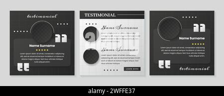 Feedback dei clienti sui social media. Set vettoriale di modello di post di testimonianze quadrate. Banner Web di soddisfazione del cliente con valutazione a stelle di prodotti o servizi aziendali. Design delle testimonianze. Illustrazione Vettoriale