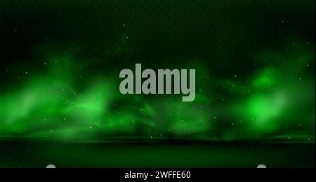 Smog verde con particelle volanti a terra. Illustrazione vettoriale realistica di nuvole di nebbia con brillanti bagliori e scintille sul pavimento. Vapore tossico chimico, fumo o gas velenoso nell'aria su sfondo scuro. Illustrazione Vettoriale