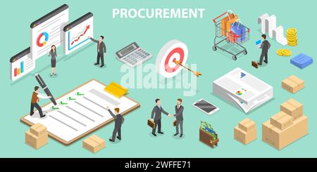 Illustrazione concettuale del vettore piatto isometrico 3D di approvvigionamento, processo di ricerca e accettazione dei termini e acquisizione di beni, servizi o opere. Illustrazione Vettoriale