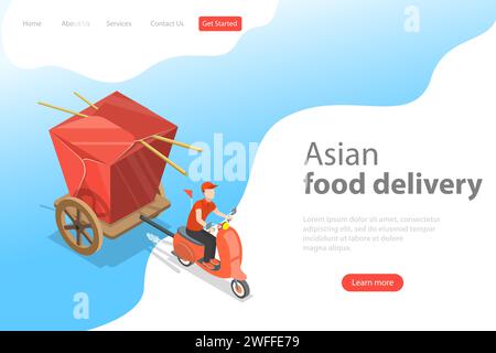 Modello isometrico di landing page vettoriale piatto con consegna di cibo asiatico, sushi giapponese, wok noodles, scatola da asporto cinese. Illustrazione Vettoriale