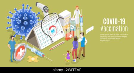 Illustrazione concettuale del vettore piatto isometrico 3D del programma di vaccinazione Covid-19, piano di immunizzazione contro il coronavirus Illustrazione Vettoriale