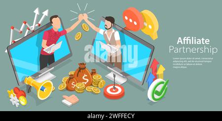 Illustrazione concettuale del vettore piatto isometrico 3D della gestione del marketing affiliato, programma per partner referral Illustrazione Vettoriale
