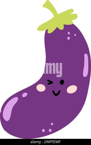 Simpatica melanzana disegnata a mano sorridente. Kawaii divertente personaggio vegetale per bambini. Illustrazione Vettoriale