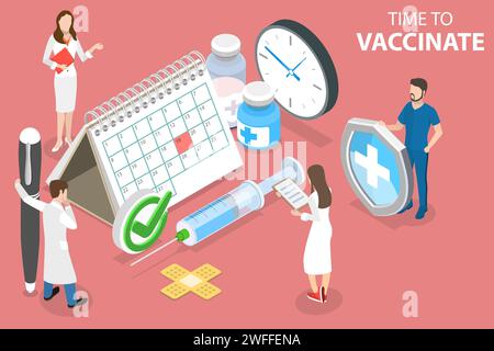 Illustrazione concettuale vettoriale piatto isometrico 3D del tempo per vaccinare, programma di vaccinazione Covid-19, piano di immunizzazione contro il coronavirus Illustrazione Vettoriale