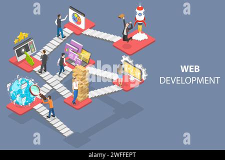 Illustrazione concettuale di vettoriali piatti isometrici 3D dello sviluppo Web, della creazione di siti Web e di app mobili. Illustrazione Vettoriale