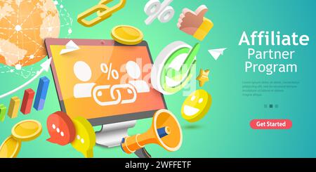 Illustrazione concettuale vettoriale piatto isometrico 3D di vendite affiliate, programma di segnalazione, strategia di marketing. Illustrazione Vettoriale
