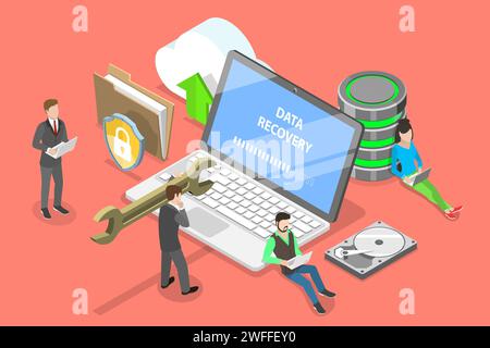 Concetto isometrico a vettore piatto di servizi di recupero dati, backup e protezione dei dati, riparazione hardware. Illustrazione Vettoriale