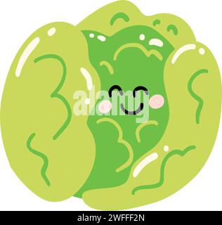 Cavolo disegnato a mano che sorride. Kawaii divertente personaggio vegetale per bambini Illustrazione Vettoriale