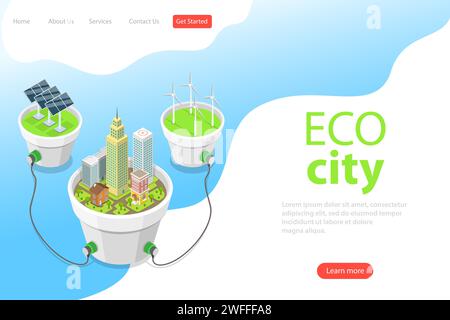 Modello di landing page vettoriale isometrico piatto di eco-città, pannelli solari, mulini a vento, energia verde alternativa, turbine eoliche. Illustrazione Vettoriale