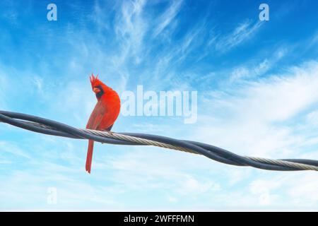 Rosso brillante cardinale settentrionale appollaiato su un cavo telefonico. Foto Stock