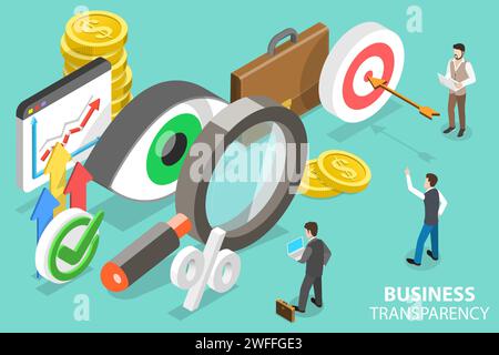 Illustrazione concettuale del vettore piatto isometrico 3D di trasparenza e chiarezza finanziaria, corruzione e attività illecite, politiche anticorruzione. Illustrazione Vettoriale