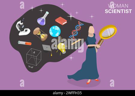 Illustrazione concettuale isometrica vettoriale piatto 3D di Woman Scientist, giornata internazionale delle donne e delle ragazze nella scienza. Illustrazione Vettoriale