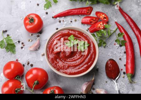 Composizione piatta con ketchup organico in recipiente su un tavolo grigio testurizzato. Salsa di pomodoro Foto Stock