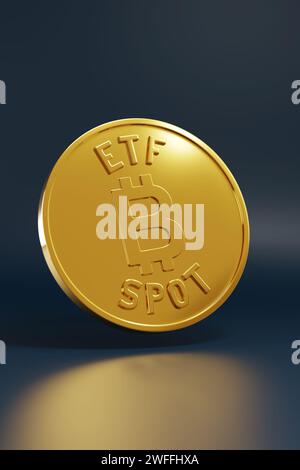Golden Bitcoin ETF Spot isolato su sfondo scuro. illustrazione 3d. Foto Stock