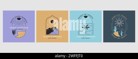 Emblemi boho lineari vettoriali con paesaggio montano astratto. Loghi di viaggio con dune sabbiose del deserto, fiume, spiaggia di mare con palme, sole, cactus, colline. Moderne icone bohémien o badge per le vacanze. Illustrazione Vettoriale