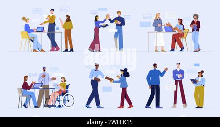 Negoziare uomini d'affari. Lavoro di squadra piatto, uomini e donne diversi a un tavolo negoziale che parlano, discutono idee, risolvono problemi. Gli impiegati partecipano alle riunioni. Comunicazione dei caratteri. Illustrazione Vettoriale