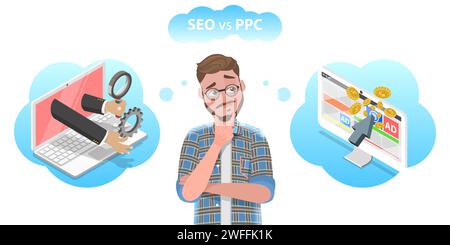 Illustrazione concettuale del vettore piatto isometrico 3D di SEO vs PPC, ottimizzazione dei motori di ricerca vs strategia di marketing pay per click. Illustrazione Vettoriale