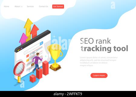 Modello di landing page vettoriale isometrico piatto dello strumento di monitoraggio della classifica seo, analisi Web, marketing per l'ottimizzazione dei siti Web. Illustrazione Vettoriale