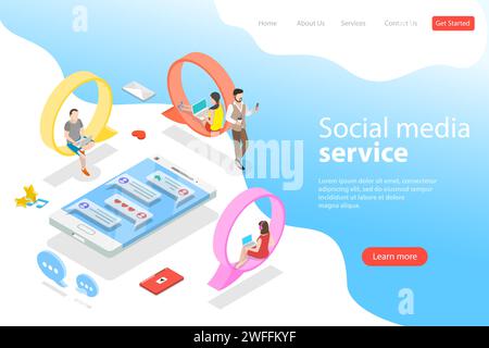 Modello di landing page vettoriale isometrico piatto di social media, messaggistica istantanea, networking, chat, comunicazione virtuale. Illustrazione Vettoriale