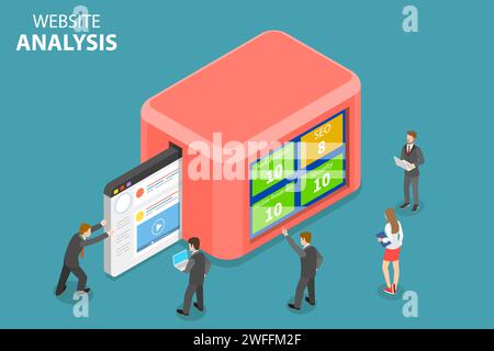 Concetto vettoriale isometrico piatto di analisi dei dati dei siti web, analisi web, report di audit SEO, strategia di marketing. Illustrazione Vettoriale